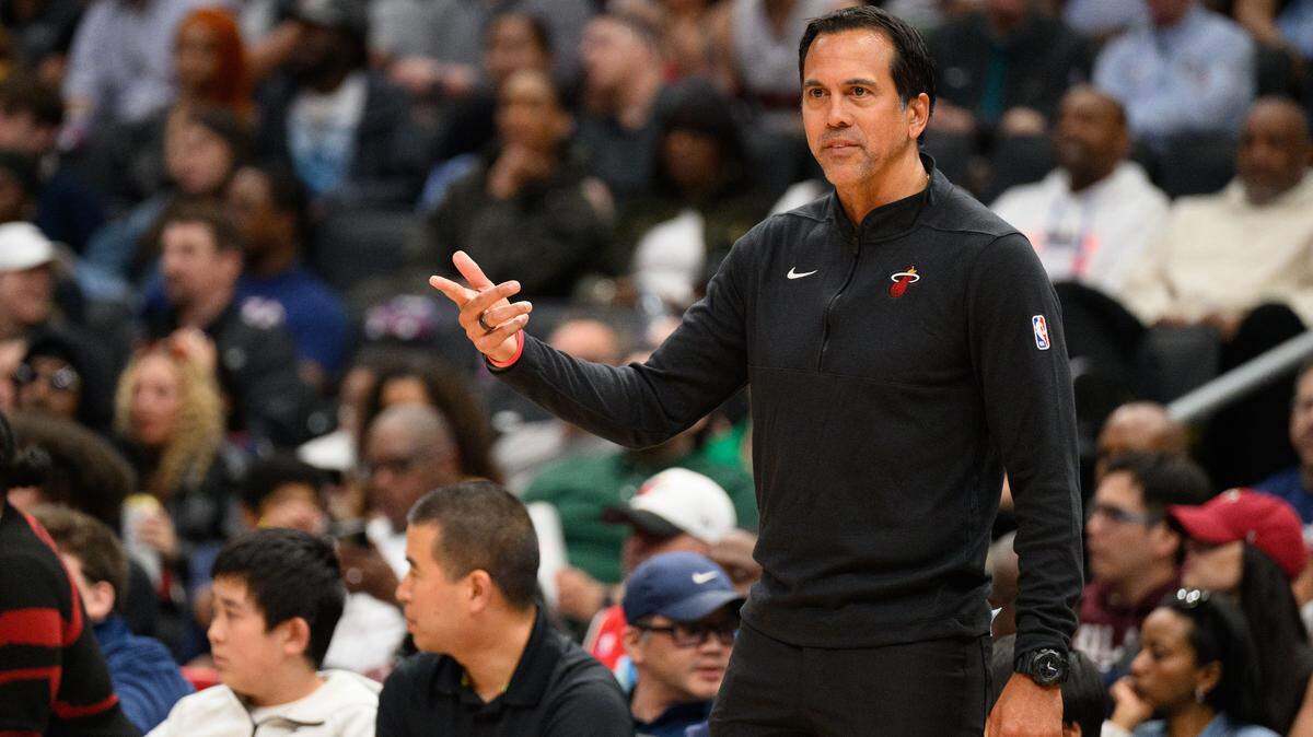 Miami Heat head coach Erik Spoelstra looks on during the second quarter against the Washington Wizards at Capital One Arena.