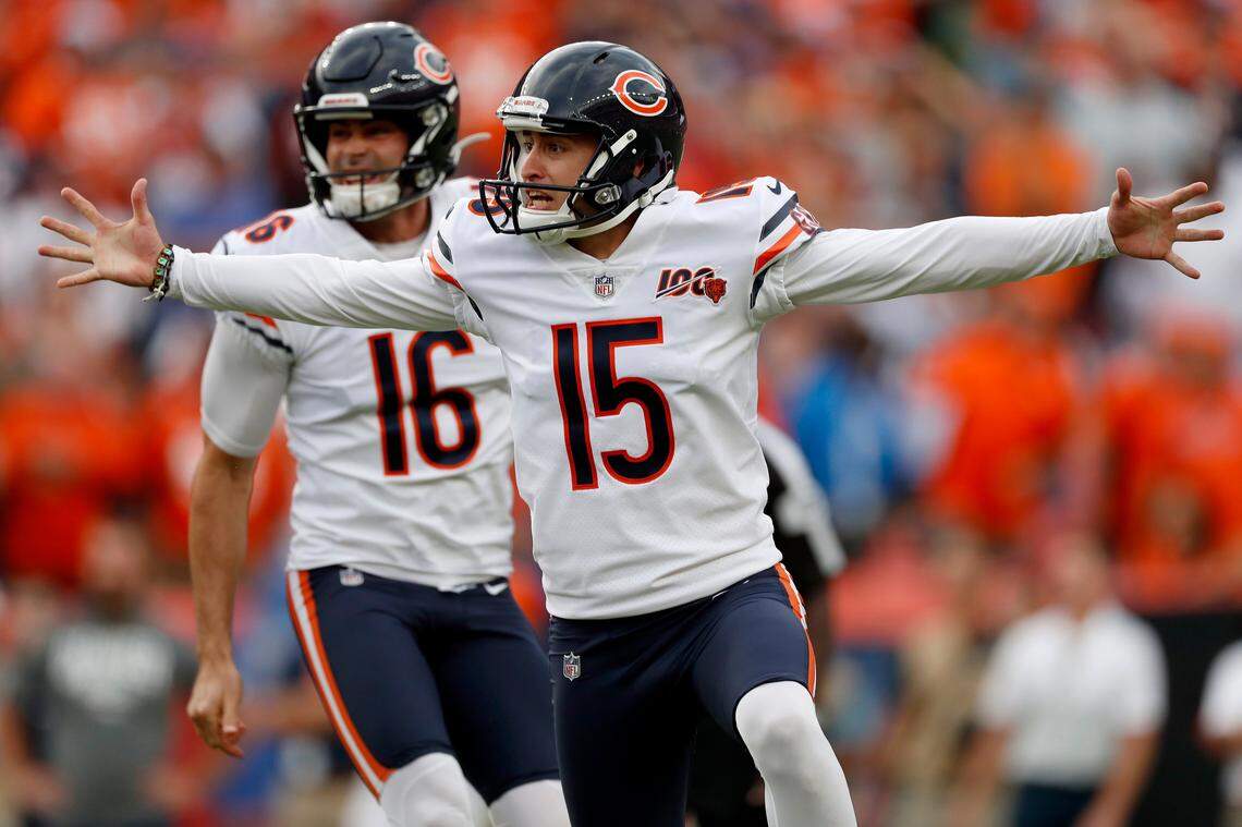 Chicago Bears kicker Eddy Pineiro (15) celebrates his game-winning field goal after an NFL football game against the Denver Broncos, Sunday, Sept. 15, 2019, in Denver. The Bears won 16-14.