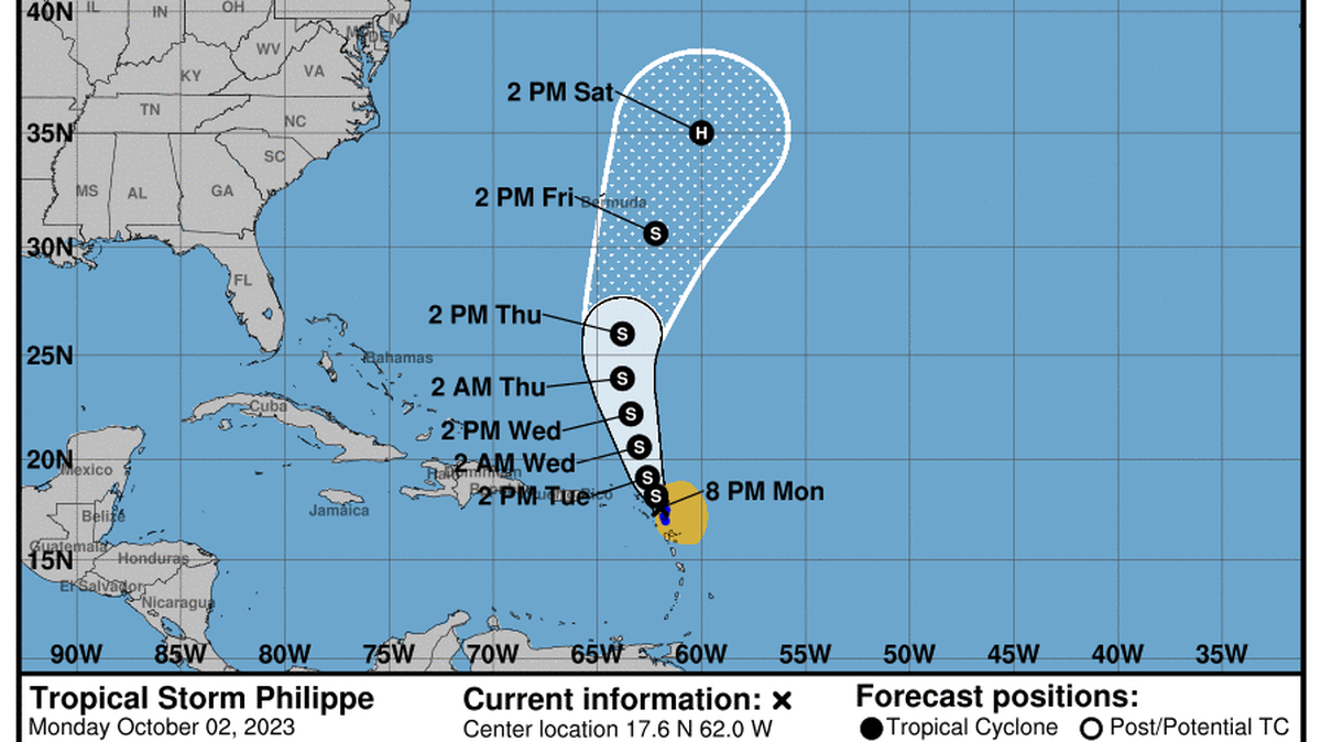 The National Hurricane Center was monitoring Tropical Storm Philippe near the northern Lesser Antilles on Monday, Oct. 2, 2023.