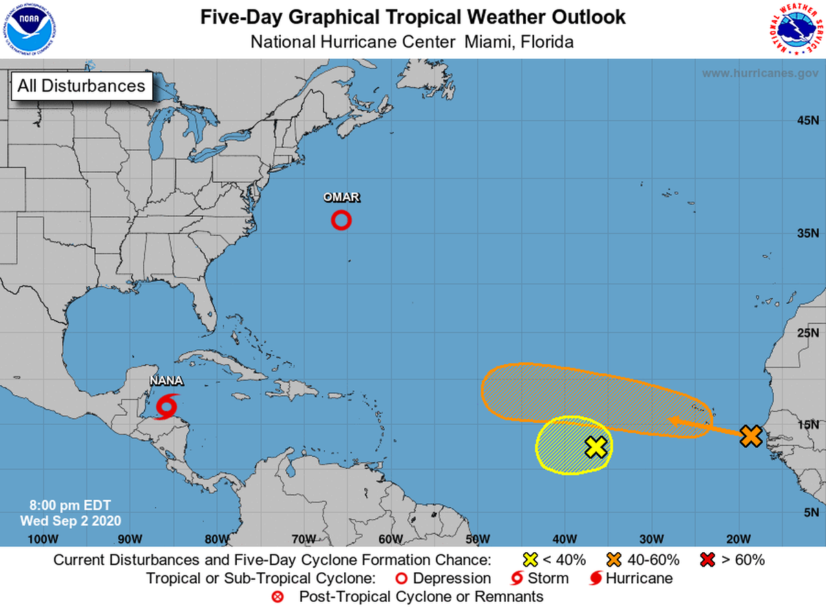 The National Hurricane Center is tracking a tropical storm, which could become Hurricane Nana, a tropical depression and two tropical waves that are expected to merge.