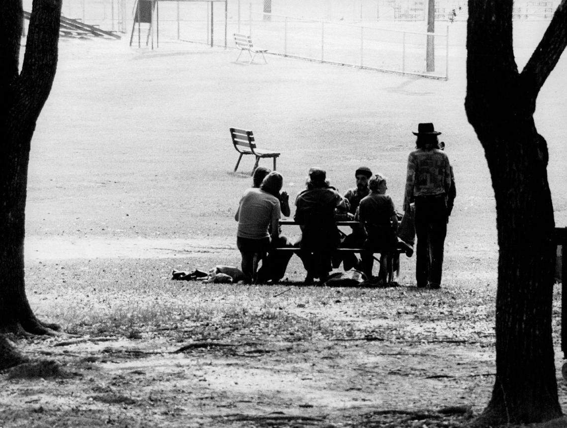 Hippies gather in the Grove in the 1970s.