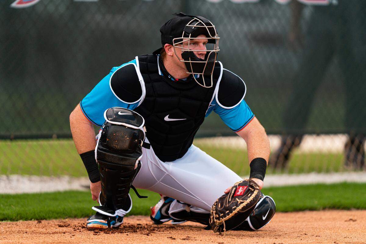 Miami Marlins Chad Wallach on the first day of Spring Training on February 18, 20201 at the Miami Marlins Spring Training facility at Roger Dean Chevrolet Stadium in Jupiter, Florida.
