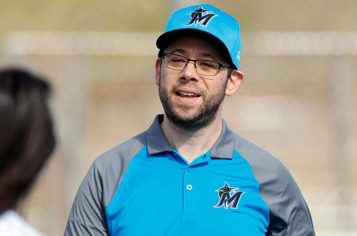 Miami Marlins Peter Bendix, head of baseball operations, comes out to watch the Miami Marlins pitchers and catchers spring training workout at Roger Dean Chevrolet Stadium in Jupiter, Florida on Thursday, February 15, 2024.