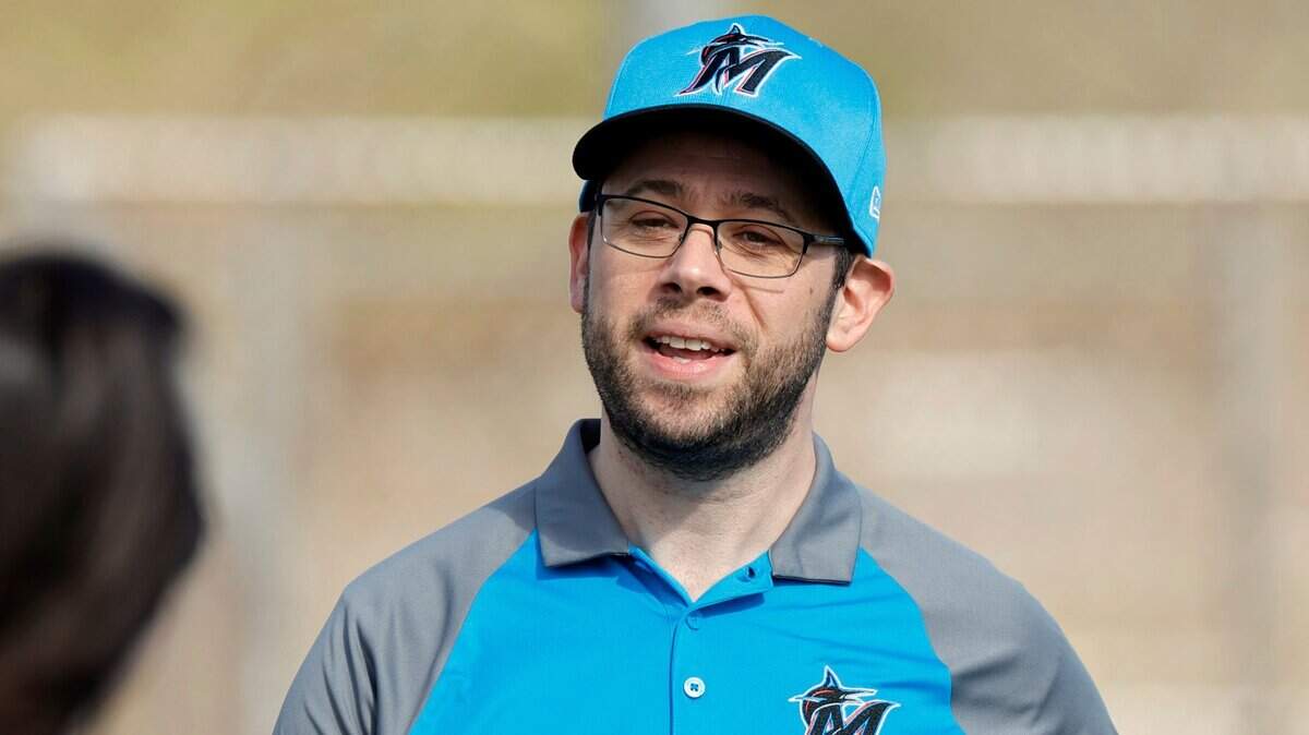 Miami Marlins Peter Bendix, head of baseball operations, comes out to watch the Miami Marlins pitchers and catchers spring training workout at Roger Dean Chevrolet Stadium in Jupiter, Florida on Thursday, February 15, 2024.