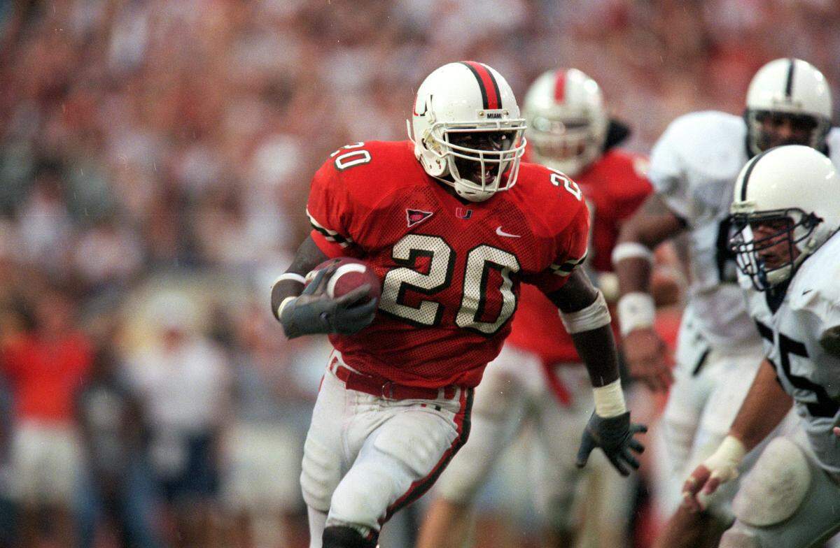 Edward Reed of the Miami Hurricanes carries the ball during a game against the Penn State Nittany Lions at the Orange Bowl in Miami, Florida on Sept. 18, 1999.