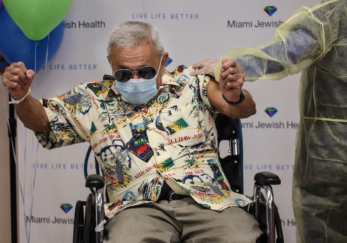 On Monday, Dec. 28, 2020, Miami Jewish Home resident Eulalio Gonzalez, 82, shows his excitement after receiving the Moderna COVID-19 vaccine at Miami Jewish Health, the largest nursing home in Florida. It was one of several facilities selected by the state to receive the vaccine as part of first round distribution in Miami, Florida.