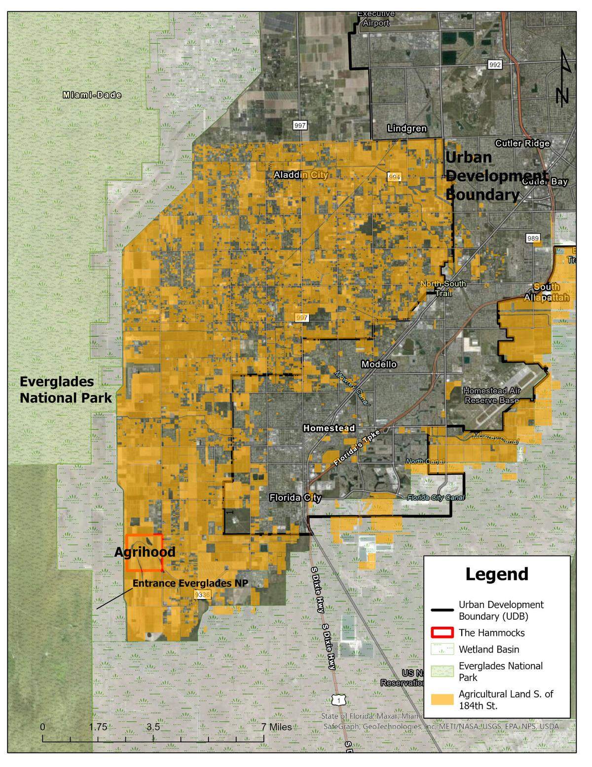 This map produced by the Hold the Line Coalition depicts farmland (colored in orange) that could be used to create new ‘agrihood’ residential developments outside Miami-Dade County’s Urban Development Boundary if a proposed rule change is approved by the County Commission.