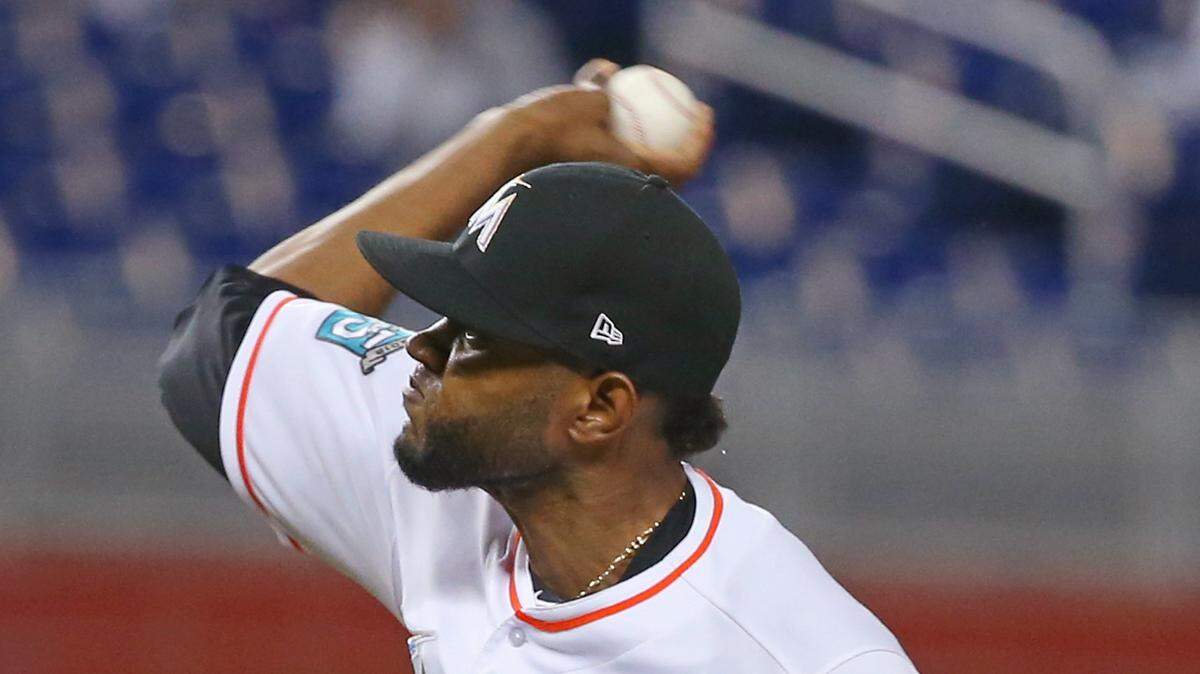 Miami Marlins pitcher Tayron Guerrero pitches during the ninth inning of a Major League Baseball game against the Philadelphia Phillies at Marlins Park on Tuesday, May 1, 2018.