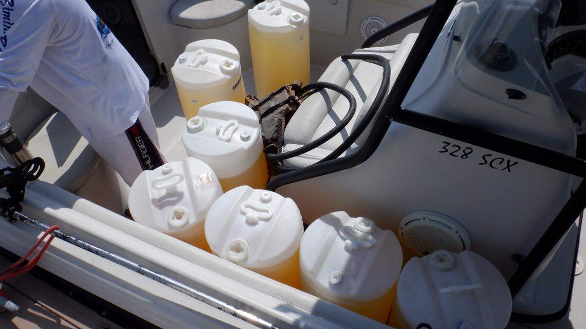 Drums of gasoline are stowed in the hold of a 32-foot boat stopped by Florida Fish and Wildlife Conservation Commission police in the Florida Keys Thursday, April 7, 2022.