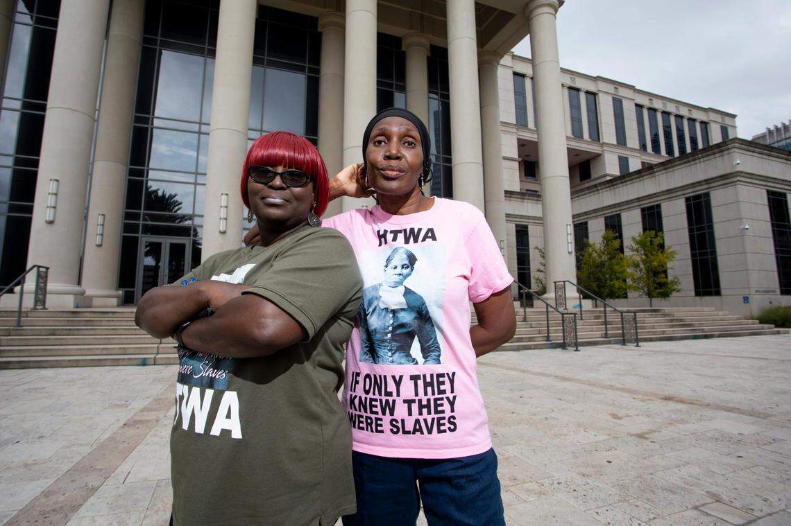 Sheila Singleton, 58, and Rosemary McCoy, 63, pose for a portrait at the Duval County Courthouse in Jacksonville on Saturday, October 3, 2020. McCoy helped Singleton learn that she owed restitution after a felony conviction, which invalidates her vote even after Amendment 4 was passed in the state. After gathering signatures to get Amendment 4 on the ballot McCoy is one of 17 felons suing the state due to the clause. “If people understood the truth about what’s going on then they could be free,” McCoy said. “Most of us are still in bondage. We are living in captivity in 2020, and when we can’t vote you are definitely in captivity because you don’t have a voice, you’re not saying anything so only slaves were the ones that didn’t have a voice you couldn’t vote so they put us back into that same type of mentality.” They started the Harriet Tubman Women’s Auxiliary with two other founders to be “change agents” within the Black community.