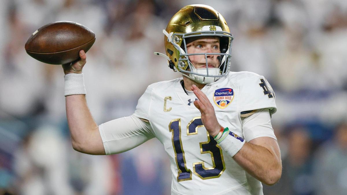 Notre Dame Fighting Irish quarterback Riley Leonard (13) sets up to pass against the Penn State Nittany Lions in the first half of their NCAA Playoff Semifinal Capital One Orange Bowl football game at Hard Rock Stadium in Miami Gardens, Florida on Thursday, January 9, 2025.