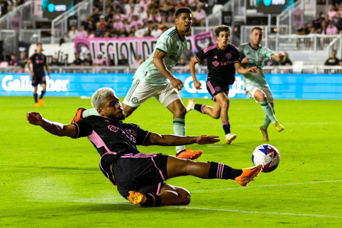 Inter Miami CF forward Josef Martínez (17) scores his second goal of the night on Atlanta United goalkeeper Quentin Westberg (31) during the second half of an MLS game at DRV PNK Stadium in Fort Lauderdale, Florida, on Saturday, May 6, 2023.