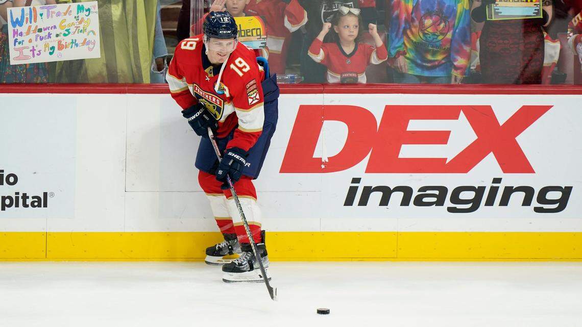 Florida Panthers left wing Matthew Tkachuk warms up before the start of an NHL hockey game against the Ottawa Senators, Saturday, Oct. 29, 2022, in Sunrise, Fla. (AP Photo/Wilfredo Lee)