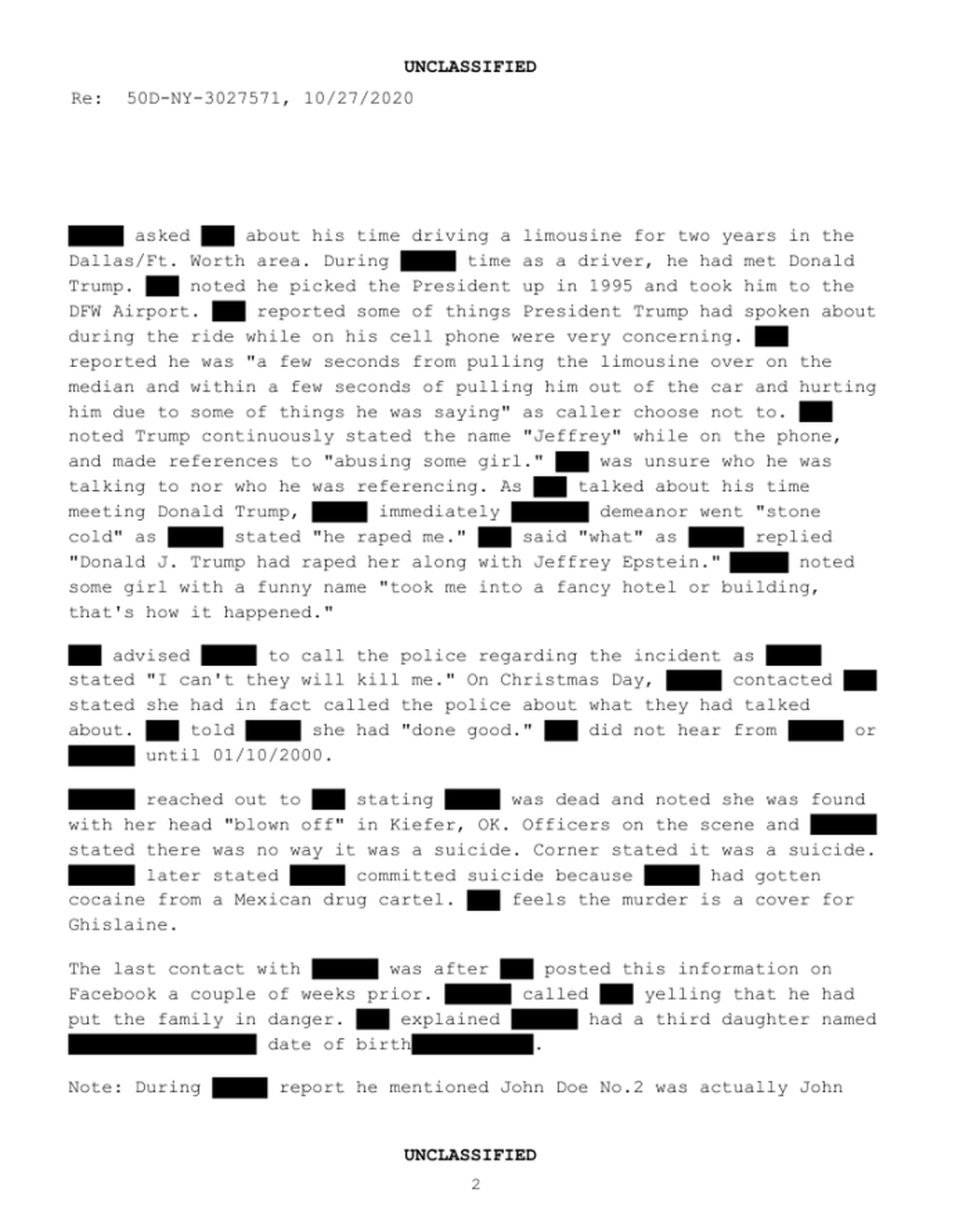 In an FBI report, an unnamed tipster claims to have been raped by President Donald Trump.
