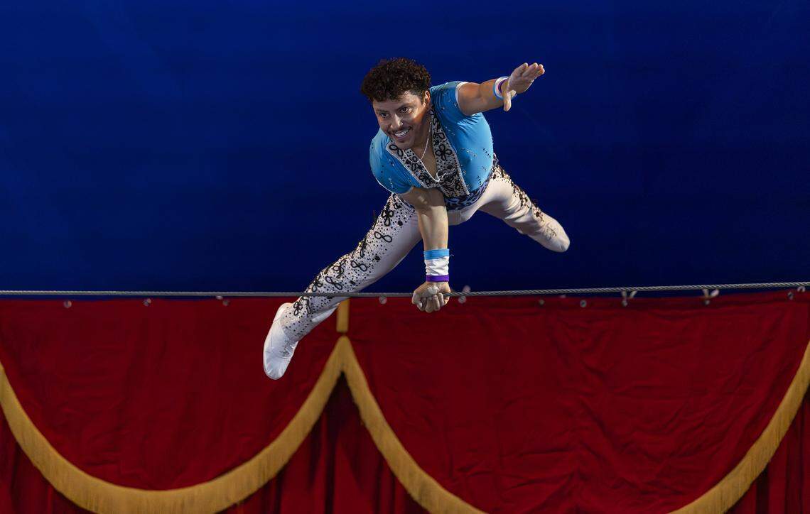 A circus performer does an act during the opening day of the 74th annual Miami-Dade County Youth Fair on Thursday, March 12, 2026, in Miami, Fla.