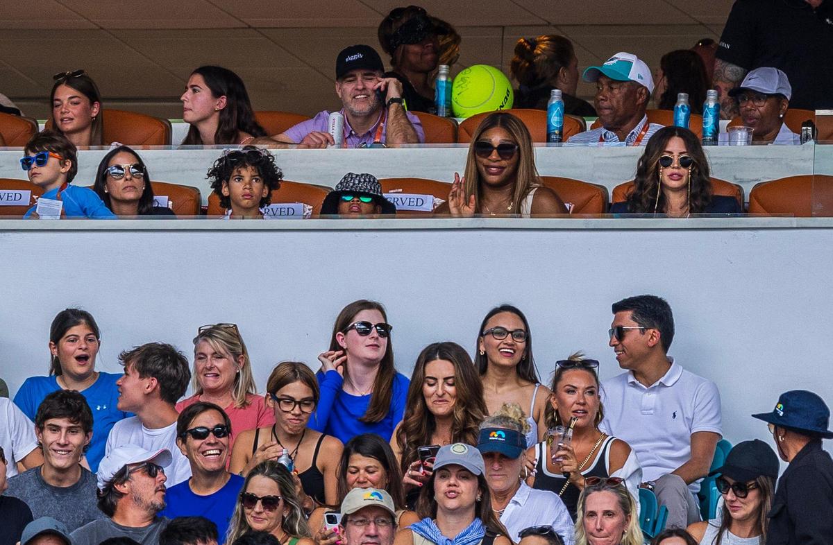 Tennis legend Serena Williams attends the match between Jannik Sinner, of Italy vs Daniil Medvedev, of Russia during the men’s single men’s semifinals at the Miami Open tennis tournament, on Friday, March 29, 2024.