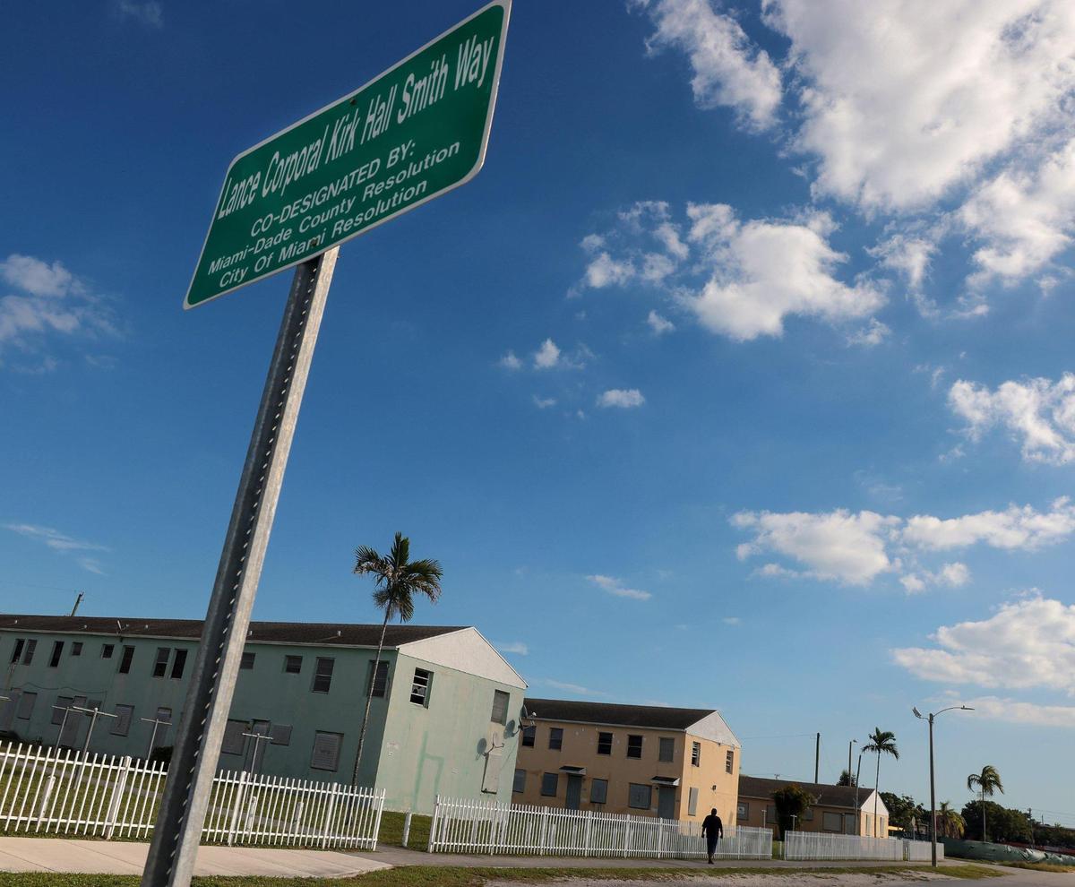 The sign of the street in the heart of Liberty Square honors Lance Corporal Kirk Hall Smith, who lost his life in the 1983 U.S. Marine Barracks bombing in Beirut.
