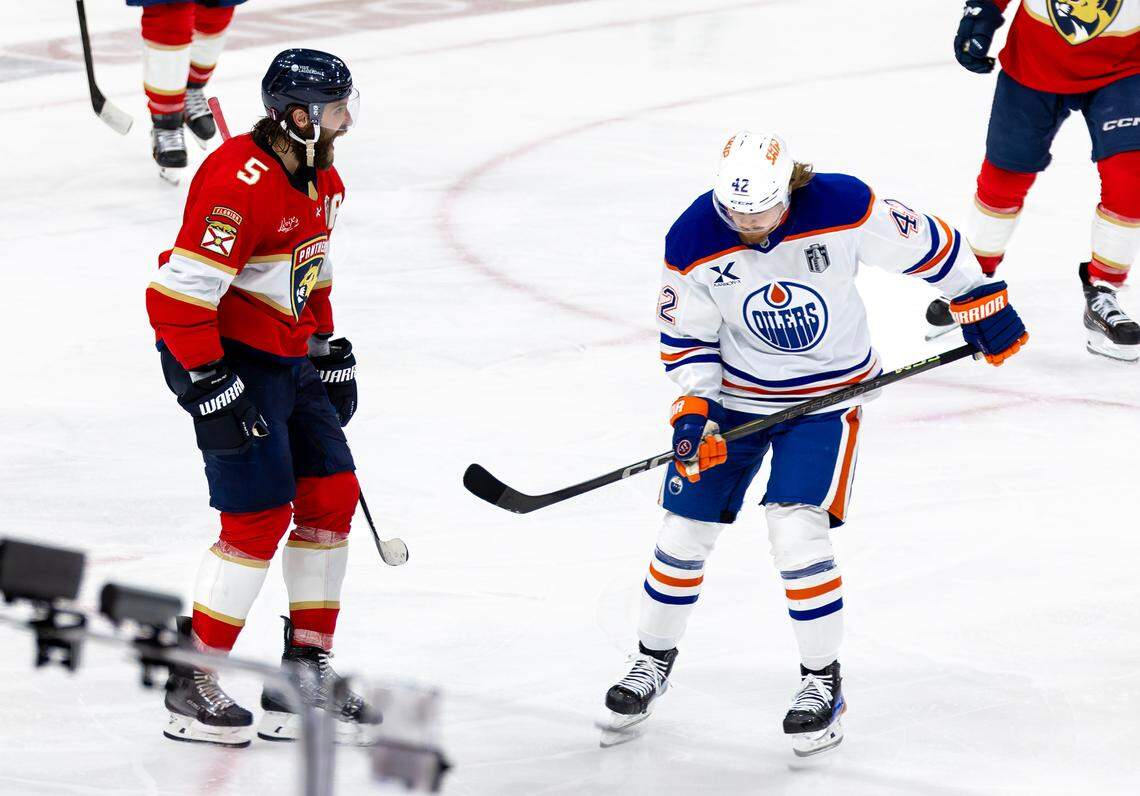 Florida Panthers defenseman Aaron Ekblad (5) celebrates after scoring against the Edmonton Oilers during the third period of Game 3 in the Stanley Cup Final at Amerant Bank Arena on Monday, June 9, 2025, in Sunrise, Fla.