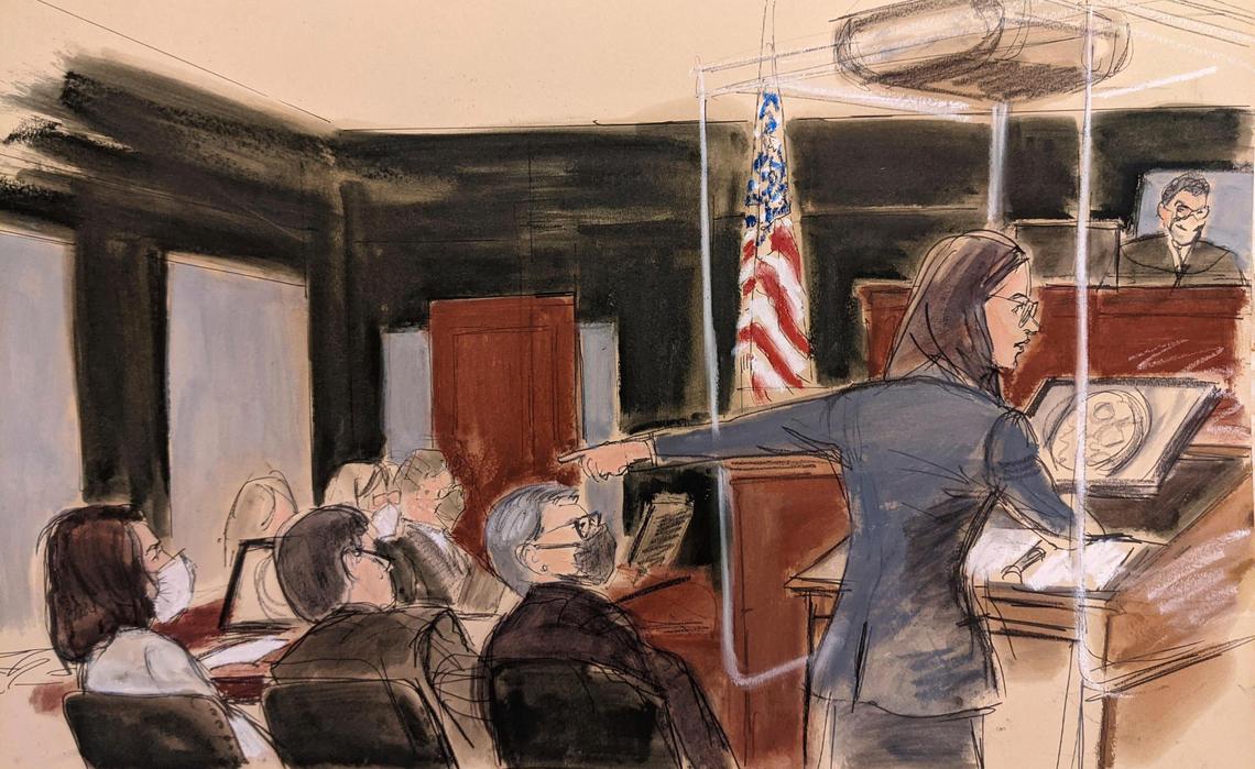 In this courtroom sketch, assistant U.S. Attorney Lara E. Pomerantz gives her opening statement while pointing to Ghislaine Maxwell, seated far left, Monday, Nov. 29, 2021, in New York.