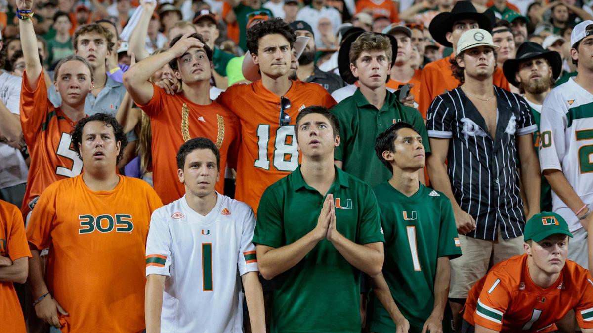 Miami Hurricanes fans react as they watch the final minutes of the fourth quarter as the Canes are defeated by the Texas A&M Aggies at Kyle Field, Bryan College Station, Texas on Saturday, September 17, 2022.