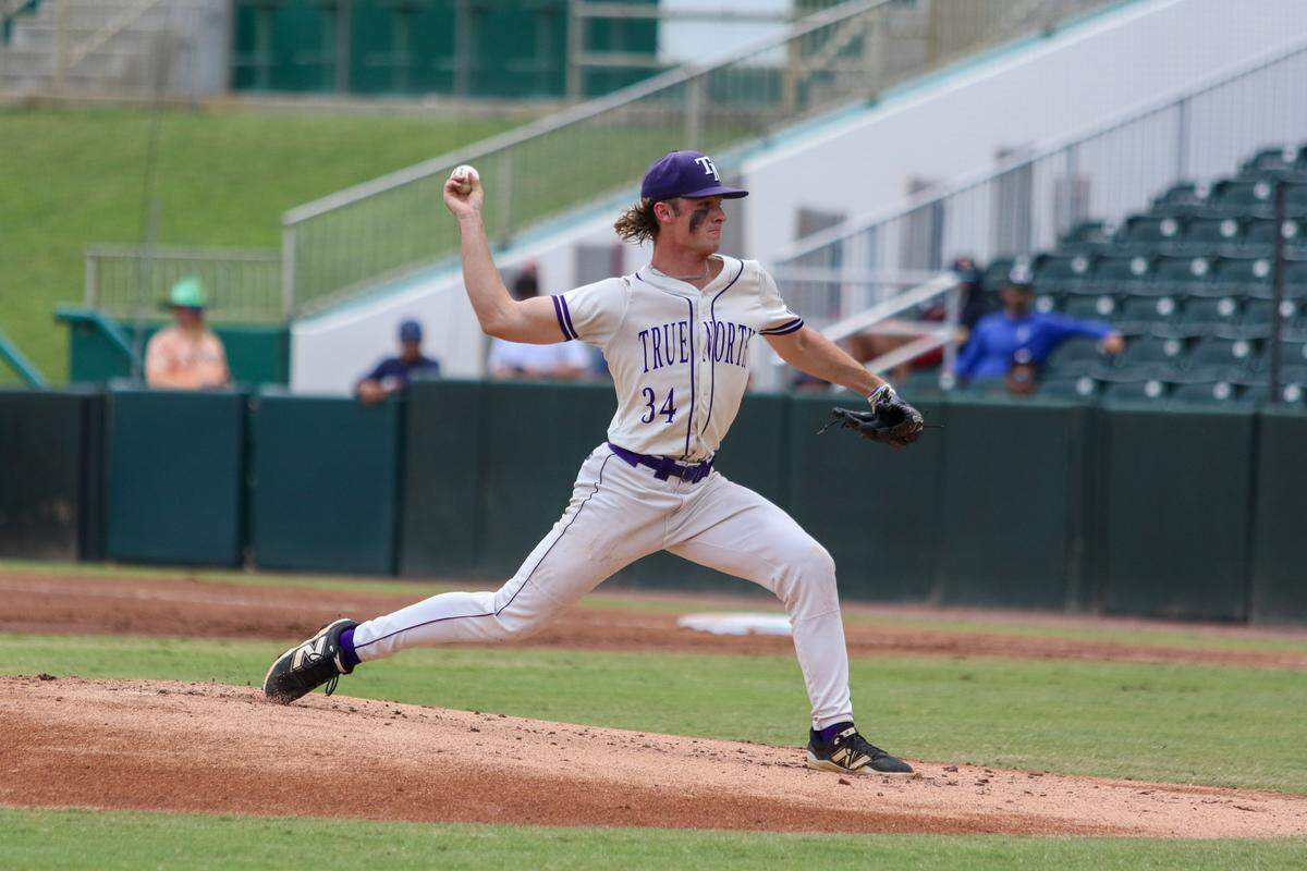 True North senior pitcher Will Foss pitches on Monday afternoon against Tampa Berkeley Prep in a Class 2A state baseball semifinal at Hammond Stadium in Fort Myers, Fla.