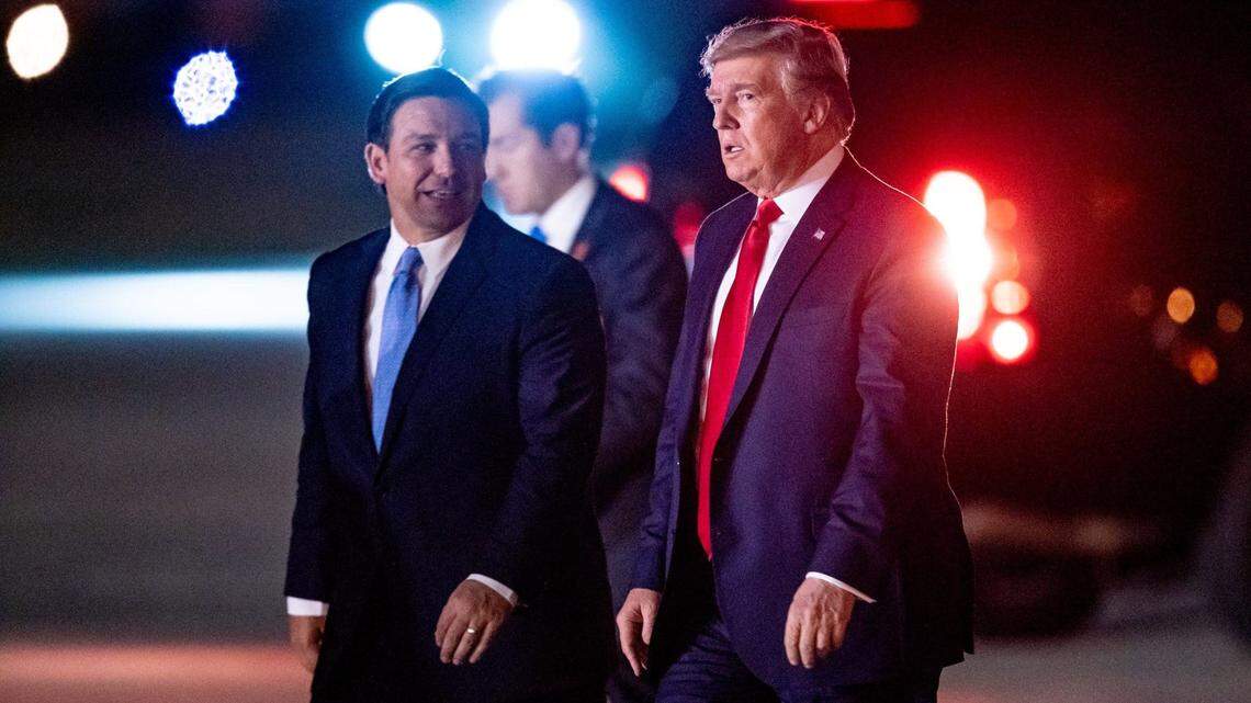 In friendlier times, in 2019, Gov. Ron DeSantis warmly greets then-President Trump after he’s arrived on Air Force One at Palm Beach International Airport in West Palm Beach.