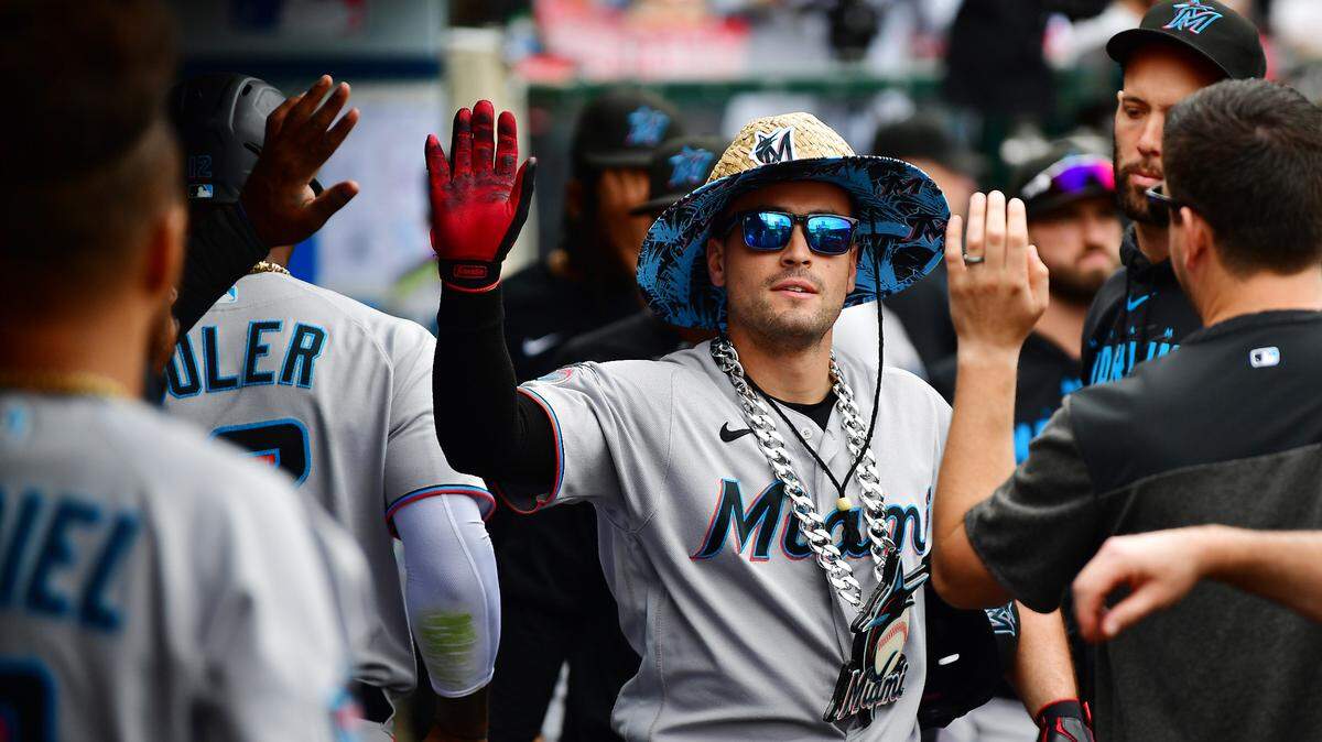 Miami Marlins catcher Nick Fortes (4) is greeted after hitting a solo home run against the Los Angeles Angels during the third inning at Angel Stadium on Sunday, May 28, 2023.