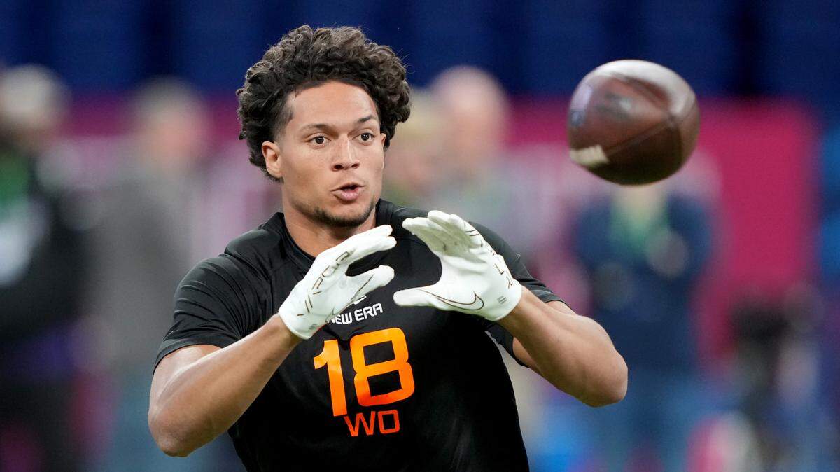 Mar 1, 2025; Indianapolis, IN, USA; Iowa State wideout Jayden Higgins (WO18) during the 2025 NFL Combine at Lucas Oil Stadium. Mandatory Credit: Kirby Lee-Imagn Images