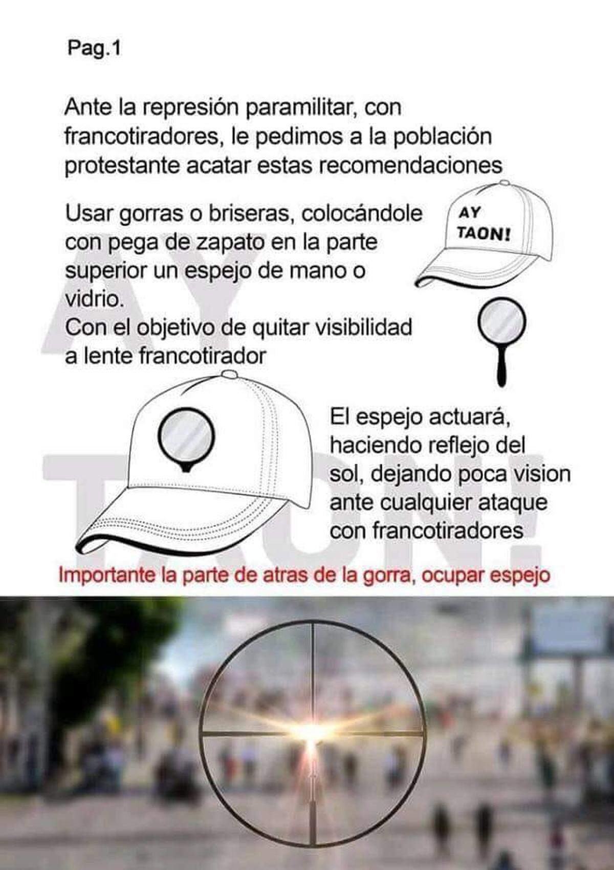 A diagram circulated on social media and WhatsApp in Nicaragua shows protesters how to attach a pocket mirror to a baseball cap to keep snipers from taking aim.