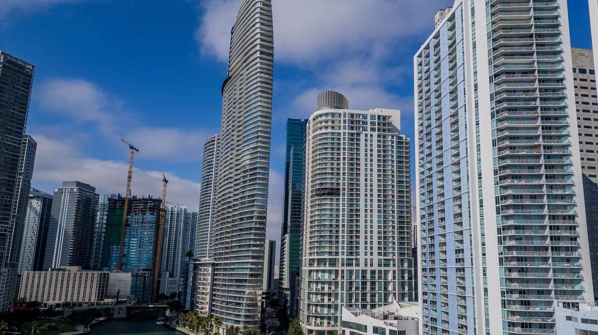 View of the Aston Martin Residences (center) building located at 300 Biscayne Blvd Way, Miami, FL, on Tuesday, December 30, 2025.