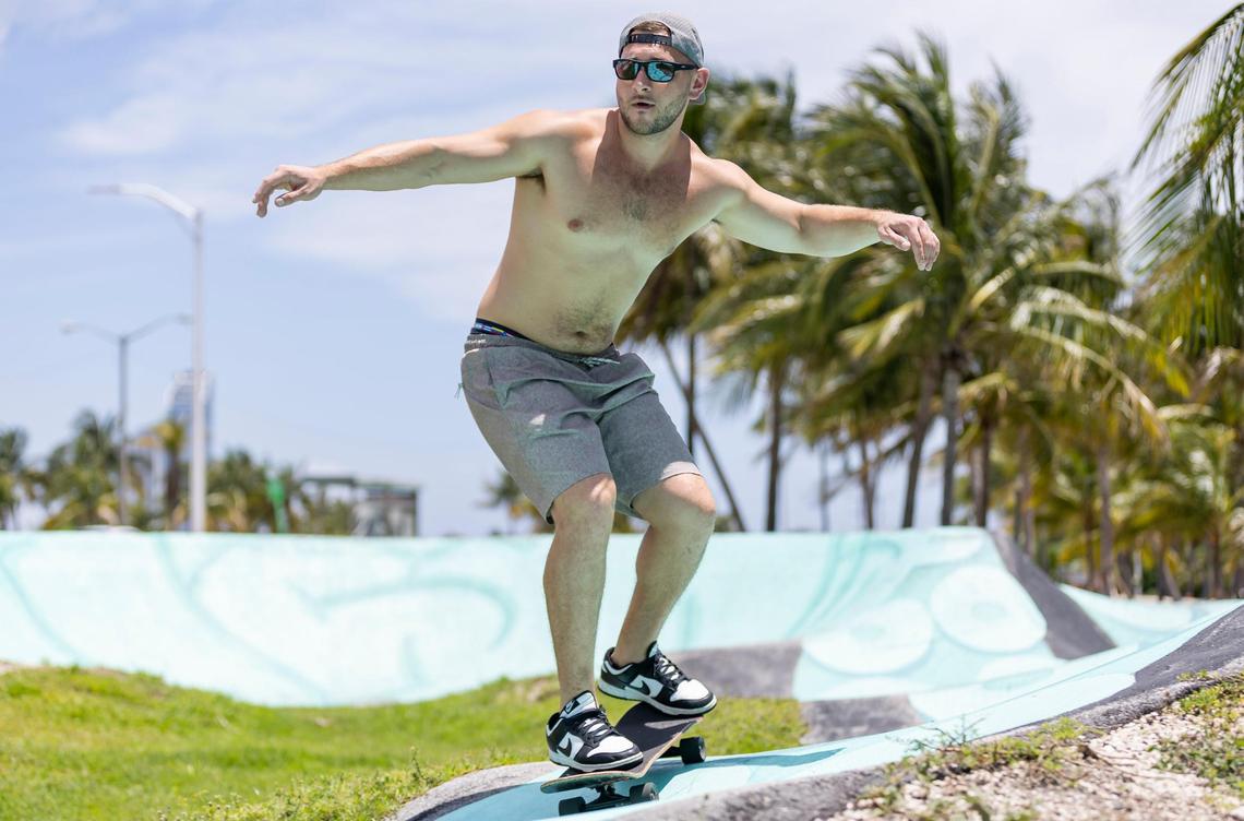 Gerold T., 23, rides his skateboard at Haulover Skateboard Park on June 14, 2023, in Miami Beach. Miami-Dade County issued a heat advisory that day for residents after the National Weather Service estimated the heat index would reach between 105 and 108 degrees.