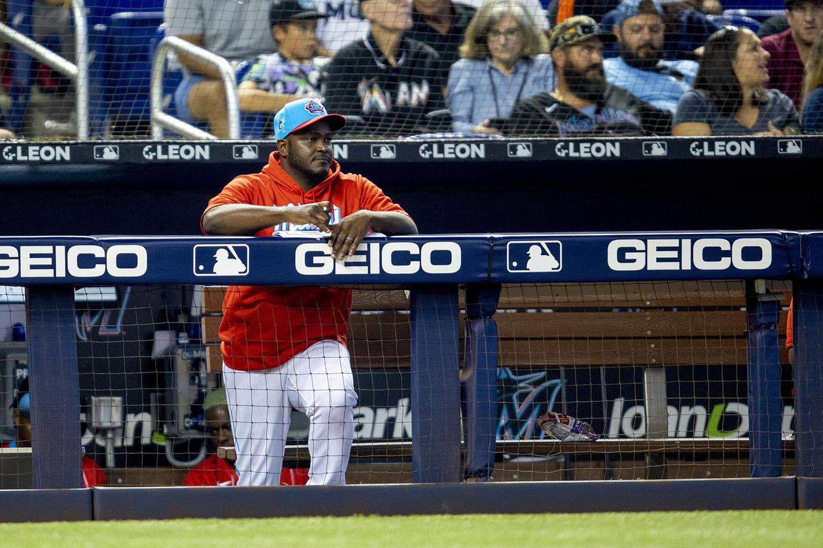 Miami Marlins acting manager James Rowson during the second inning of an MLB game against the New York Yankees at loanDepot park in the Little Havana neighborhood of Miami, Florida, on Saturday, July 31, 2021.