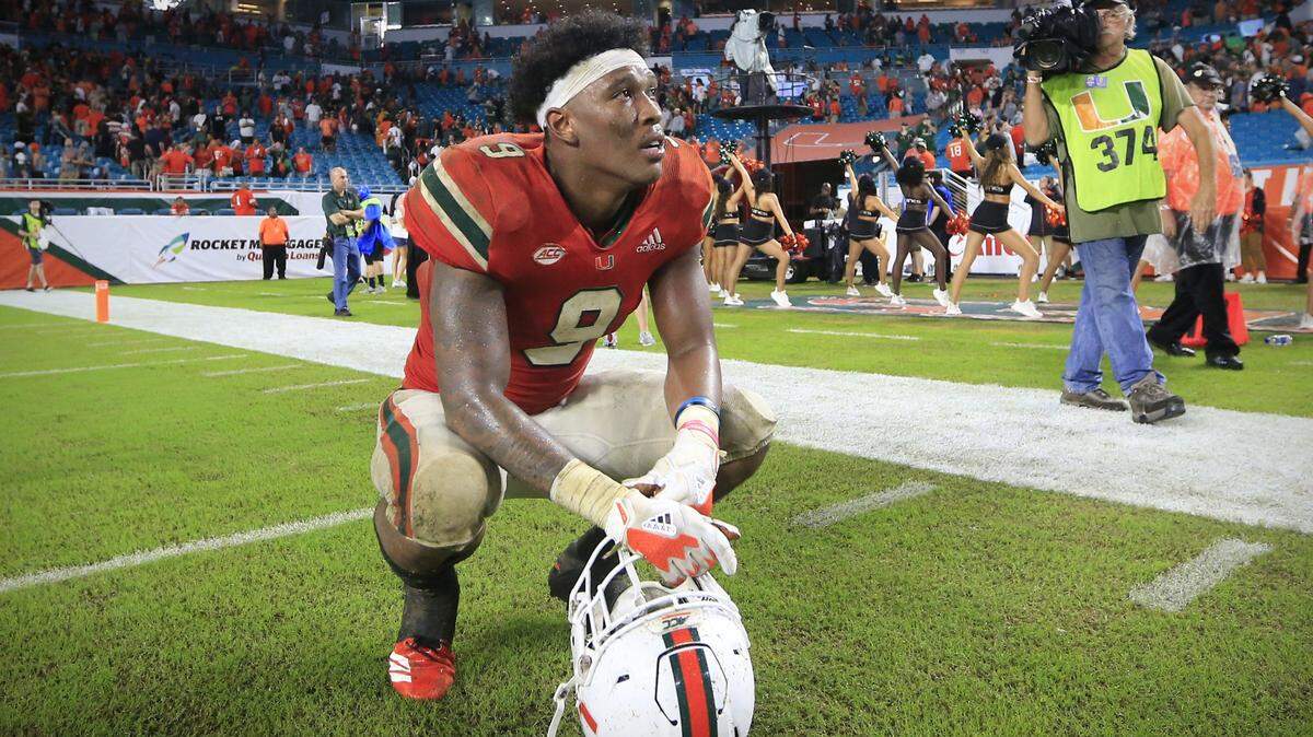 Miami Hurricanes freshman tight end Brevin Jordan, shown after UM’s loss to Duke this past Saturday, once again was the only scholarship tight end practicing on Tuesday, Nov. 6, 2018.