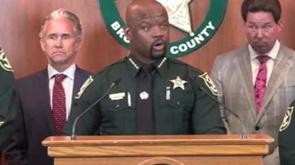 Broward Sheriff Gregory Tony speaks at a press conference Friday, June 6, 2025, where he reinstated three corrections deputies accused of beating an inmate in October 2022.