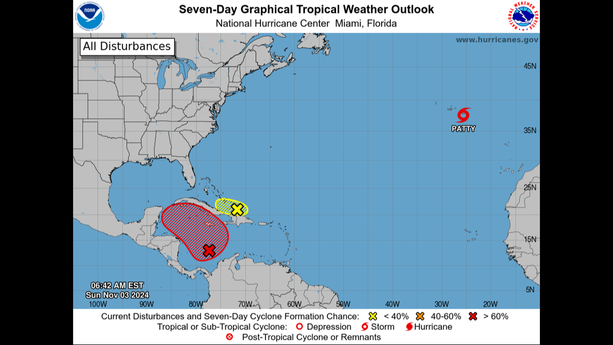 The disturbances in the Caribbean Sea and Atlantic Ocean as of 7 a.m. Sunday.