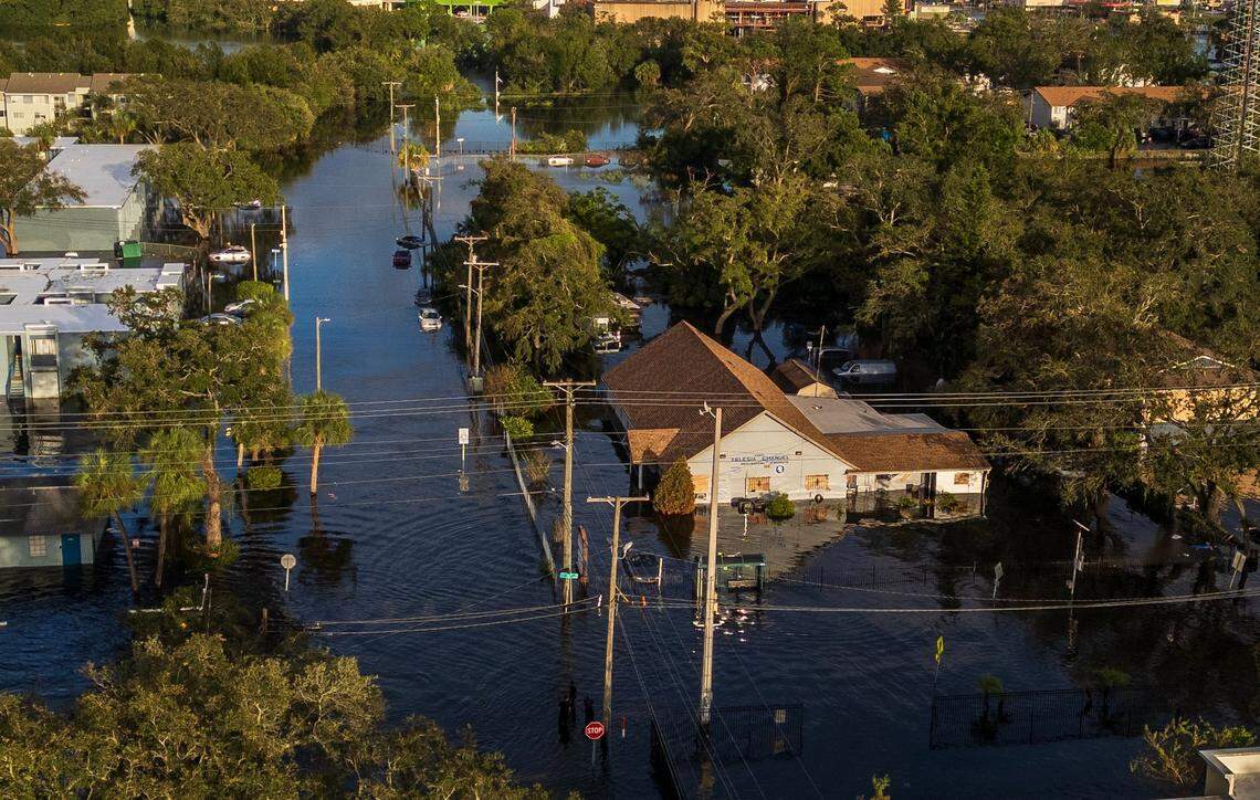 An aerial view of the North Tampa neighborhood, on Thursday, October 10, 2024, that was flooded by Hurricane Milton the day before.