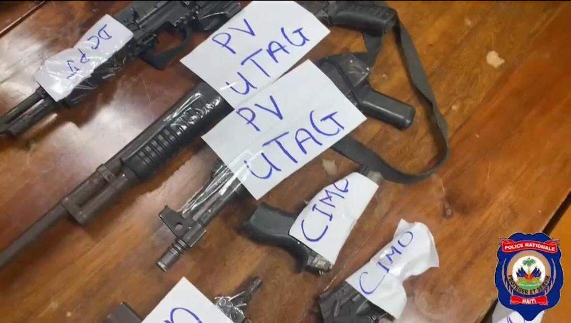 Haiti National Police show off weapons seized in recent operations by specialized units. Each weapon has the label showing with unit seized the guns. Since February 29, 2024 police officers have been working nonstop to repel gang attacks. At least eight have been killed.