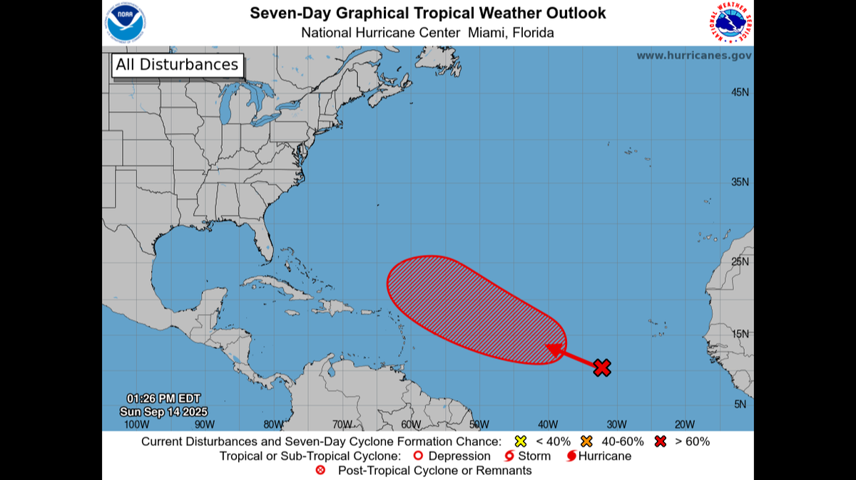 The disturbance in the Atlantic Ocean and general projected path as of 1:26 p.m. Sunday.