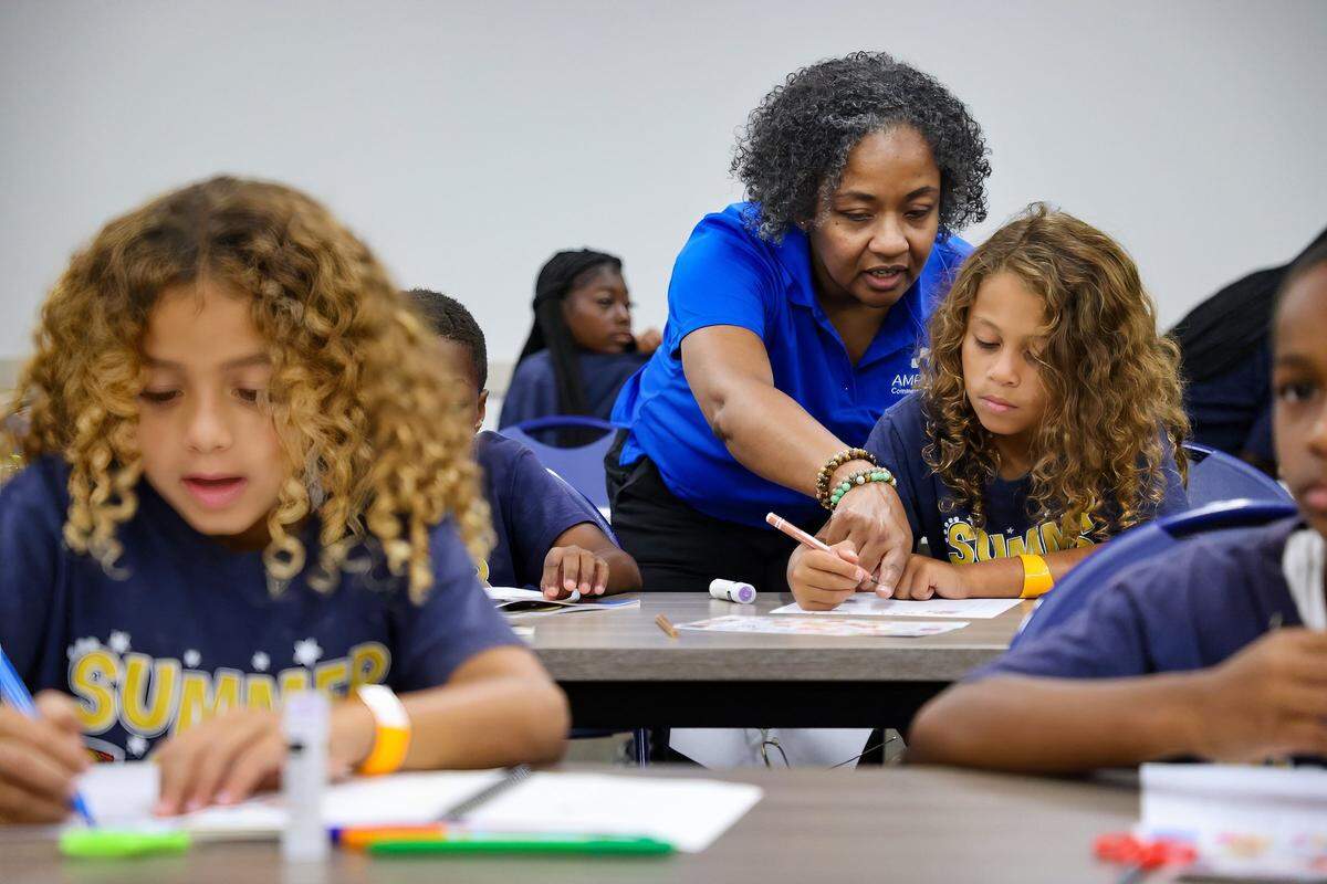 Workshop facilitator Kimberly Gray Roberts, center, helps an attendee list his goals for the school year during the Amplify Community Resources’ 4th Annual Back-to-School Youth Readiness Summit on July 31 at Miami Dade College Medical Campus. Amplify Community Resources was one of the organizations in the running for an Elevate Miami Award.