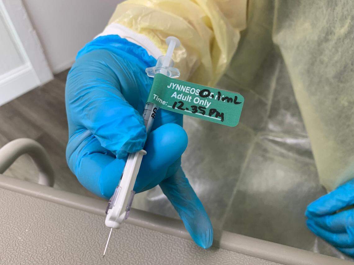 A Nomi nurse prepares to inject a patient with a dose of the Jynneos monkeypox vaccine at Tropical Park as part of Miami-Dade’s plans to combat the spread on Aug. 12, 2022. The vaccine requires two doses 28 days apart.