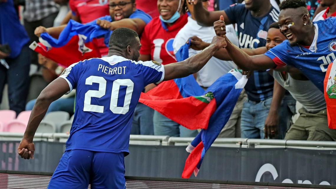 Haiti’s Frantzdy Pierrot (20) celebrates his his second goal in the first half with fans as they play Bermuda in the 2021 Gold Cup preliminary round matches at DRV PNK Stadium in Fort Lauderdale, July 6, 2021.