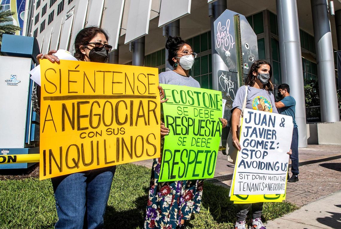 A small group of tenants from Hialeah protested in Miami rent hikes and demanded a negotiation in front of the office of the Eco Stone Group, the new landlord of the apartment building at 1501 W 42nd St. in Hialeah. Tenants say their monthly rent is increasing by as much as $650, or 65%. The protest was on Wednesday, Jan. 19, 2022,