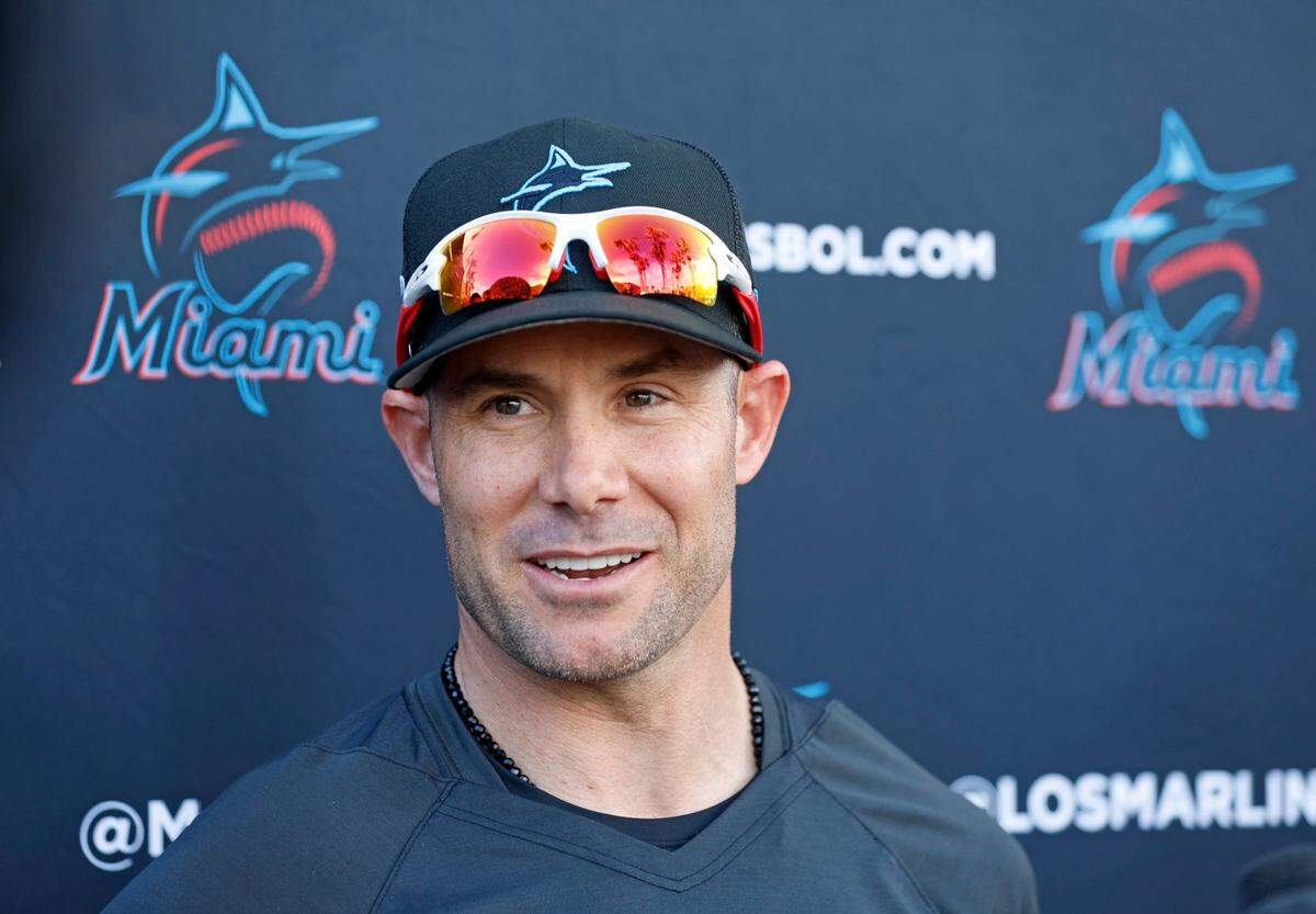 Miami Marlins manager Skip Schumaker speaks to the media at Roger Dean Chevrolet Stadium in Jupiter, Florida on Thursday, February 16, 2023.
