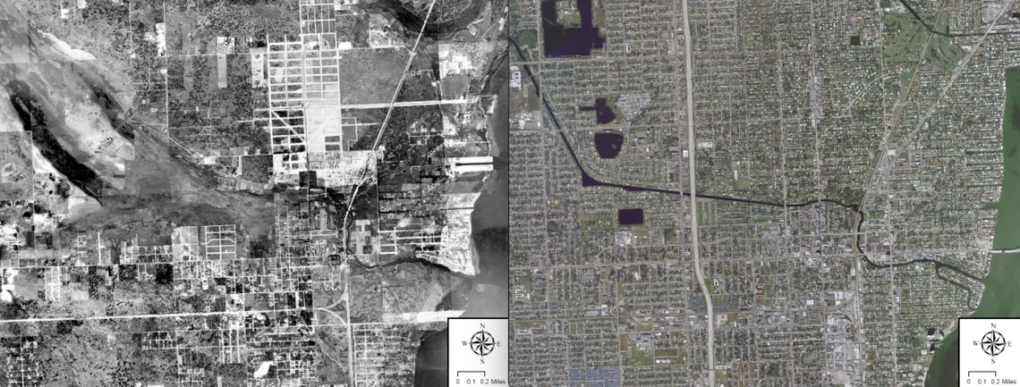 The aerial image on the left is from 1924, the year before the Little River was dredged to create the C-7 canal. Much of the river was once a transverse glade — a natural sawgrass prairie stretching all the way to the Everglades. In 1925, as Miami was growing, the river was dredged to create what is now the C-7 canal, seen in this 2006 aerial photo.