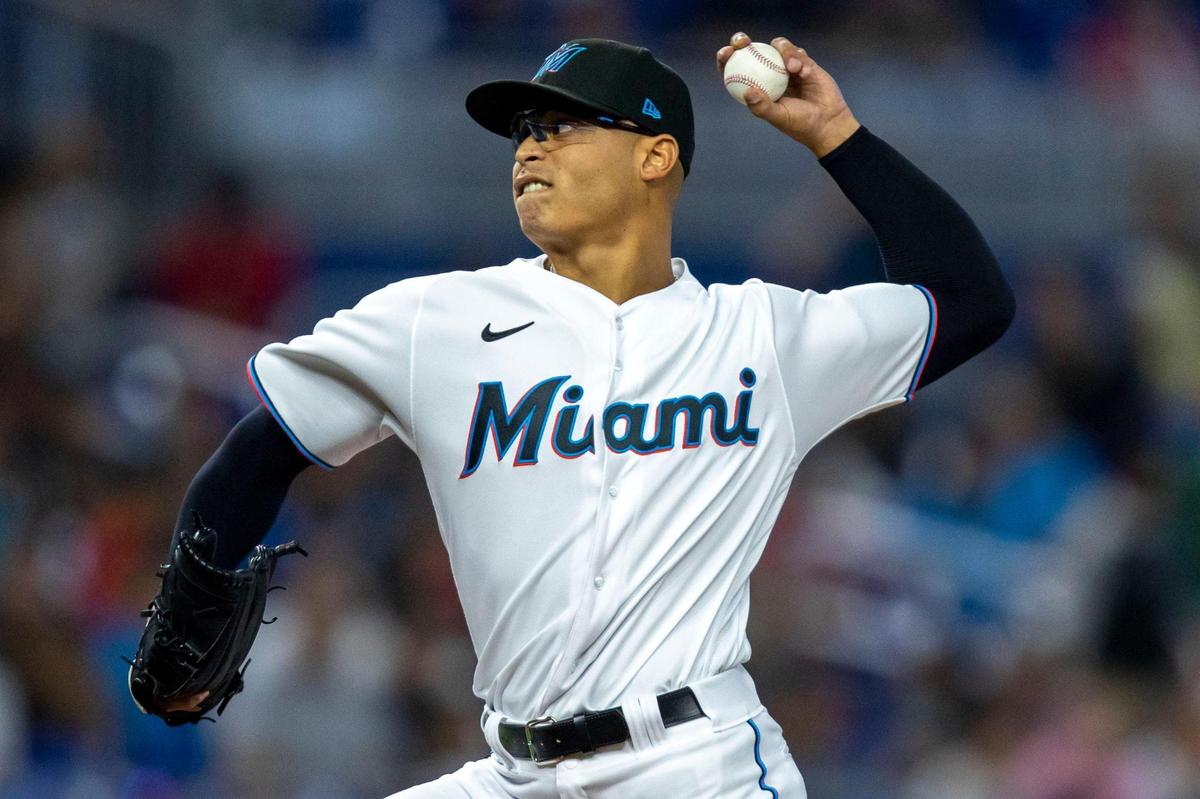 Miami Marlins pitcher Jesus Luzardo (44) throws the ball during the first inning of an MLB game against the Seattle Mariners at loanDepot park in the Little Havana neighborhood of Miami, Florida, on Saturday, April 30, 2022.