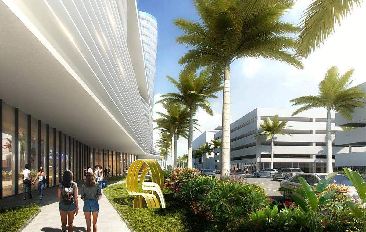 A rendering of the pedestrian view along 17th Street in front of the proposed Miami Beach convention center hotel. On the November ballot, voters will be asked to authorize the construction of the hotel.