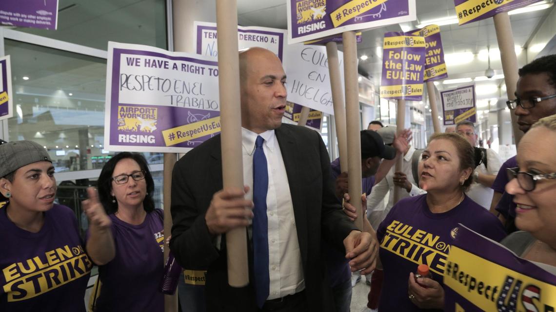 Democratic presidential candidate and New Jersey Sen. Cory Booker joined striking workers at MIA Thursday morning to show his support for their cause.