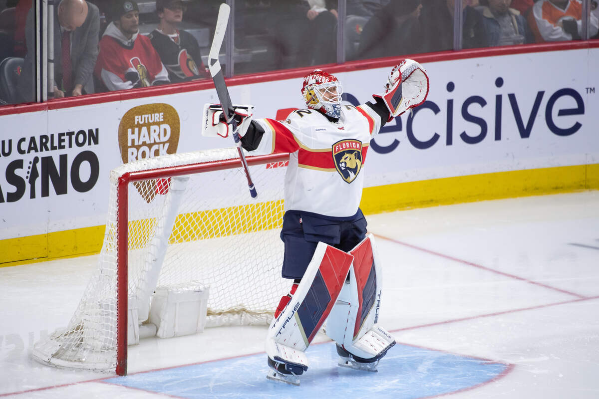 Apr 4, 2024; Ottawa, Ontario, CAN; Florida Panthers goalie Sergei Bobrovsky (72) stretches prior to the start of the third period against the Ottawa Senators at the Canadian Tire Centre.