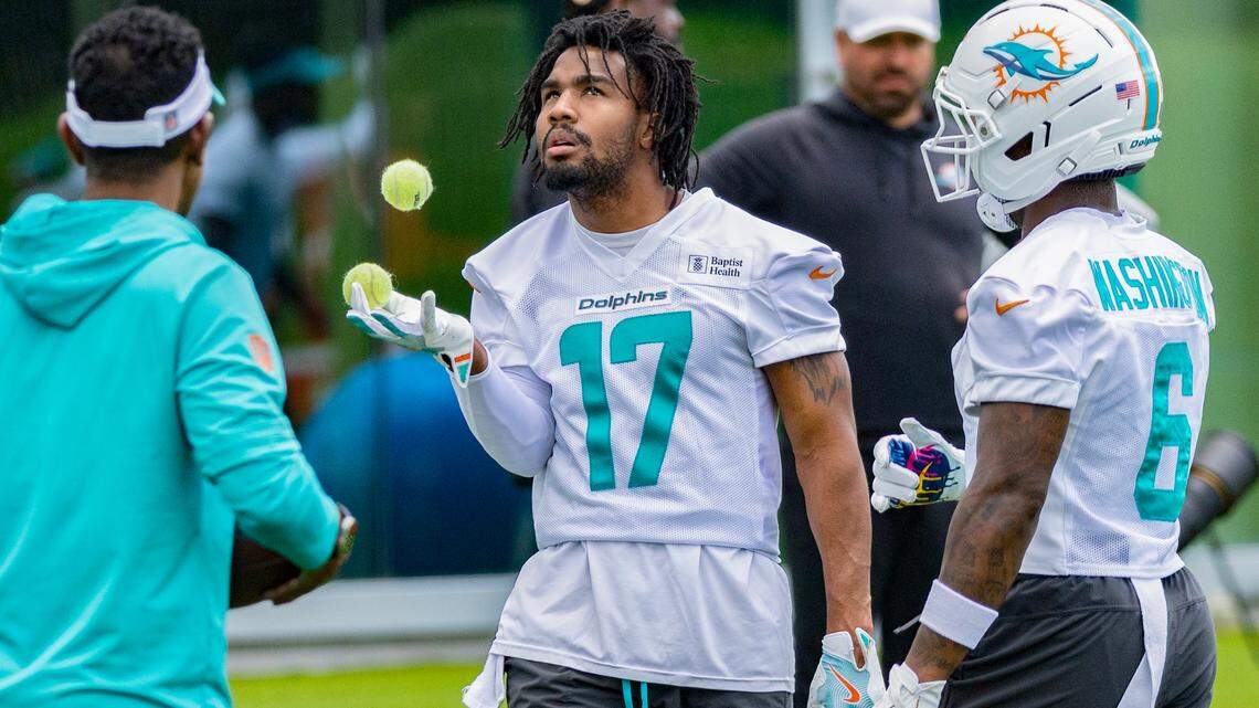 Miami Dolphins wide receiver Jaylen Waddle (17) tosses tennis balls during OTA’s “Organized Team Activities,” at the Baptist Health Training Complex in Miami Gardens, Florida, on Wednesday, May 28, 2025.