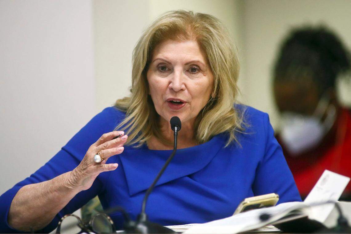 Sen. Janet Cruz, D-Tampa, voices her displeasure about the Independent Special Districts bill that would affect Disney during a Senate Committee on Community Affairs meeting, Tuesday, April 19, 2022, at the Capitol in Tallahassee, Fla.